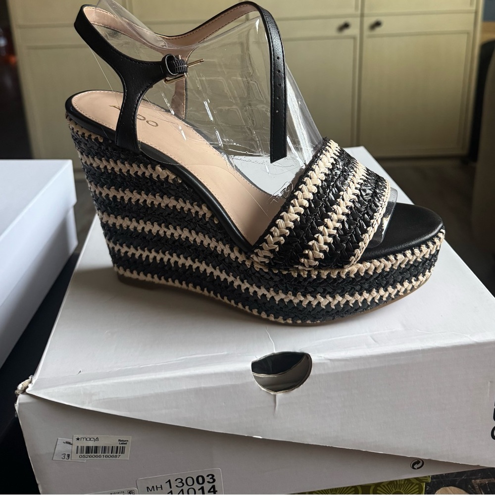Aldo Black and Cream Woven Wedges